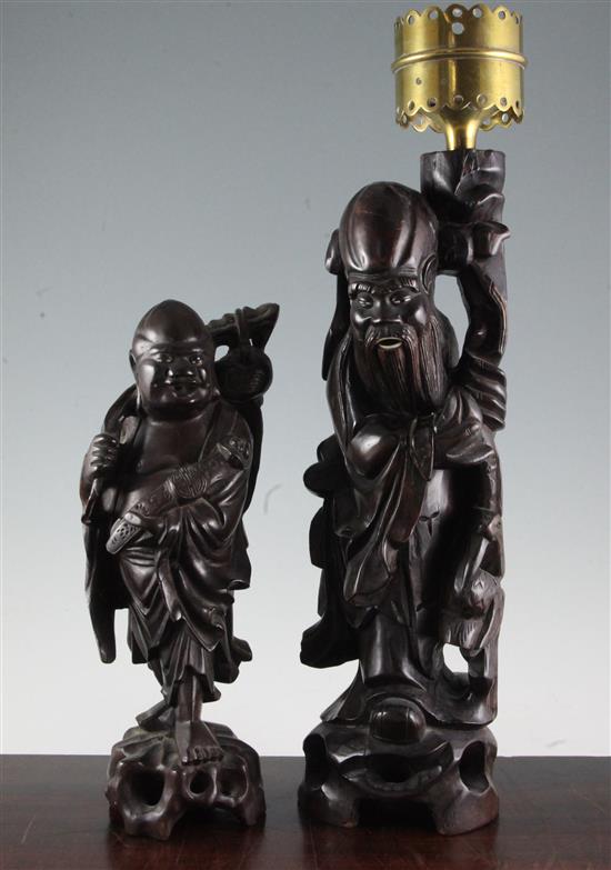 Two Chinese carved rootwood figures, 14in and 11in.